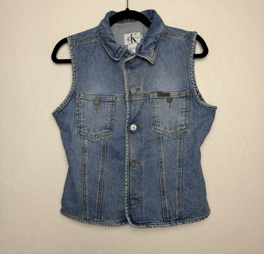 Calvin Klein Vintage 90s Denim Blue Jean Vest Light Wash Button Up Size M